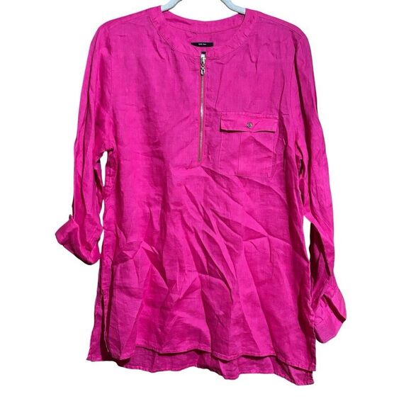 Jones New York Tunic Top Womens Large Pink Linen Zipper Detail Popover Blouse - Picture 1 of 8